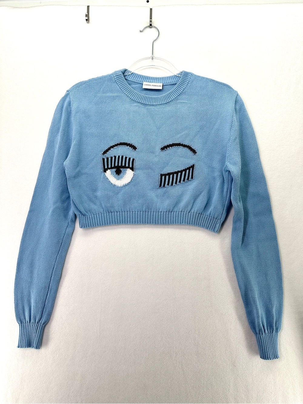Chiara Ferragni Wink Eye Flirting Light Blue Knit Top Sweater Size M